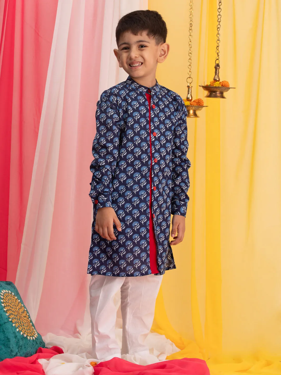 Jashvi Boy's Blue Floral Printed Front Open Kurta with Pyjama Set