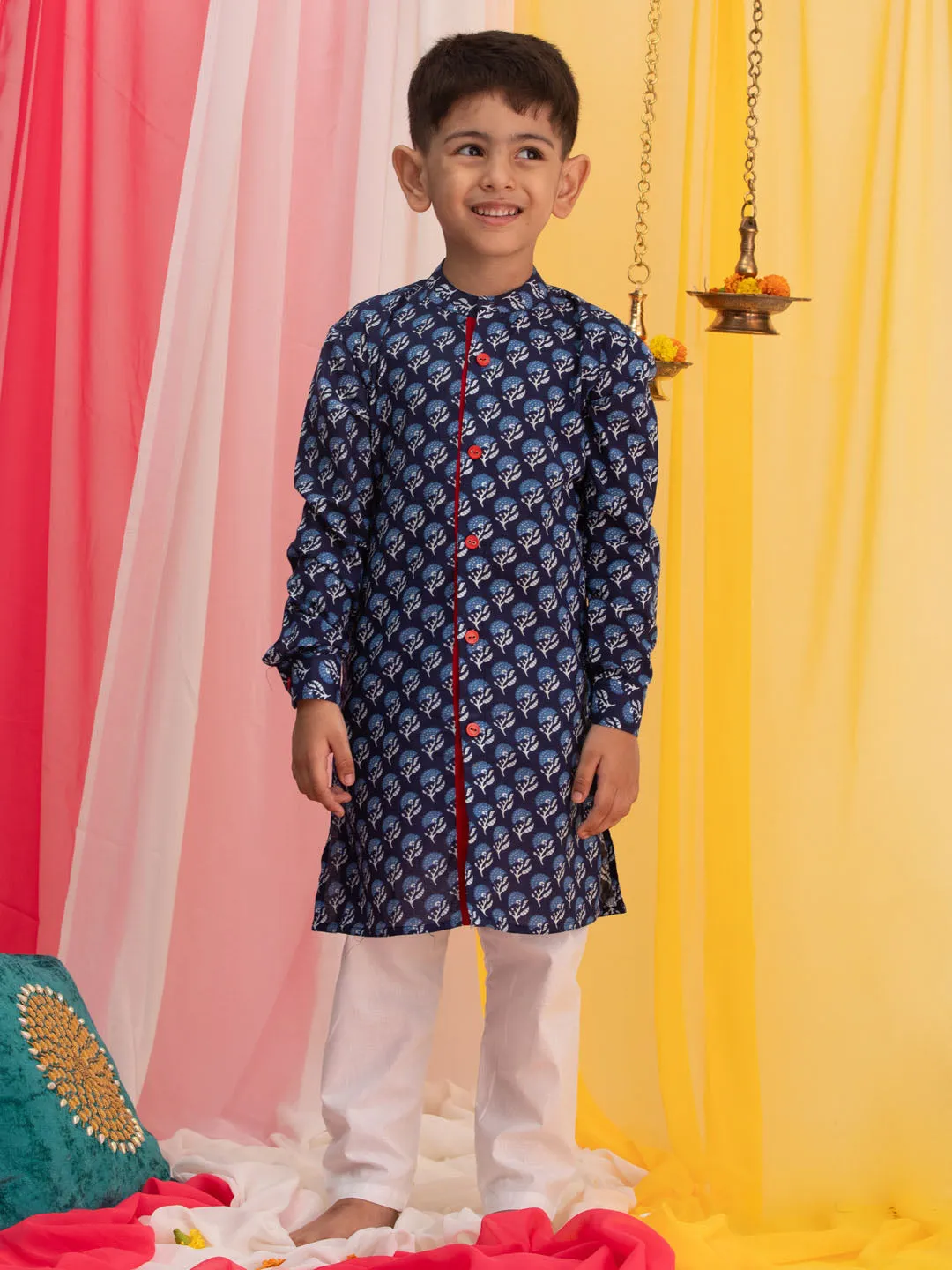 Jashvi Boy's Blue Floral Printed Front Open Kurta with Pyjama Set