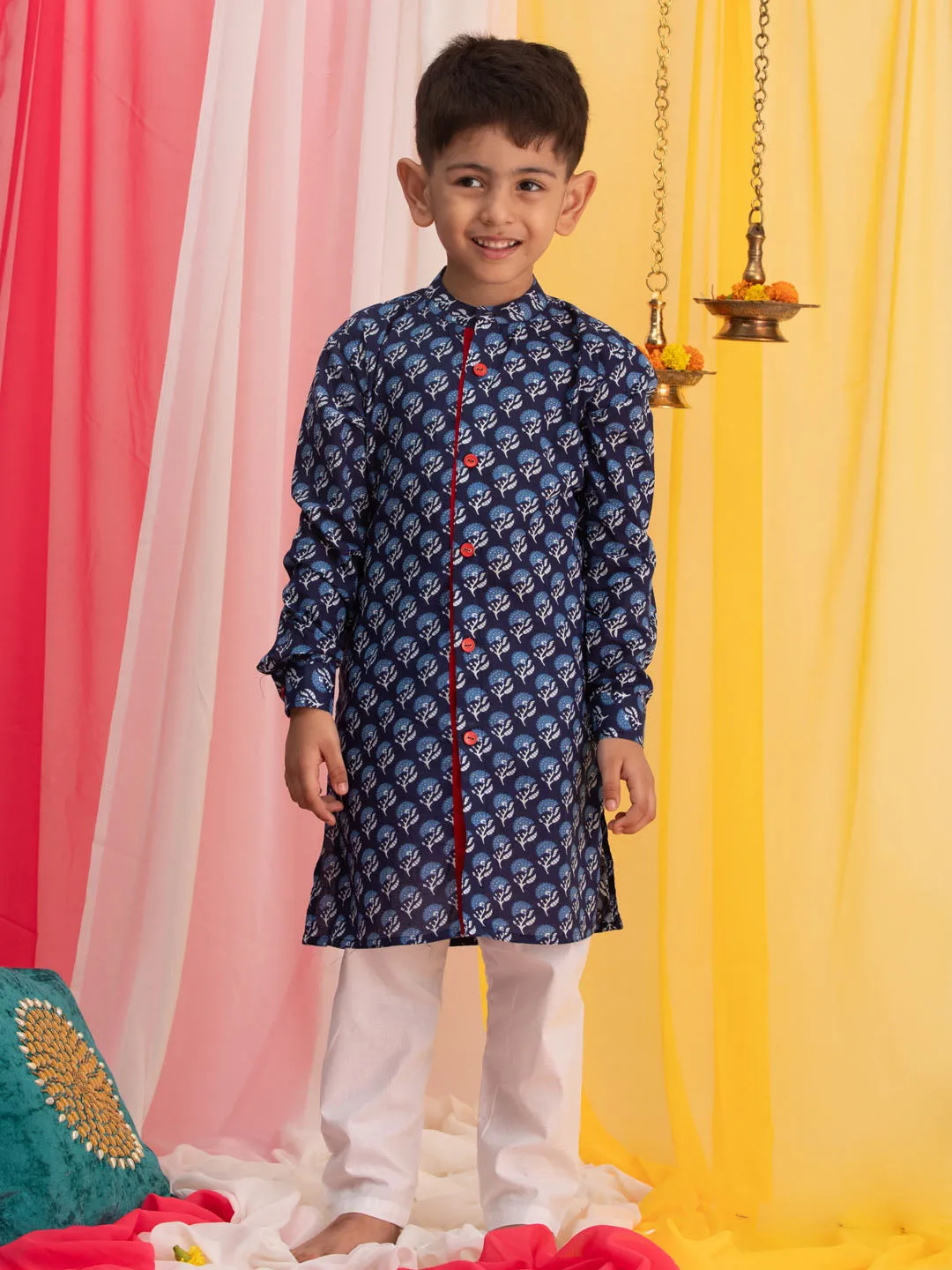 Jashvi Boy's Blue Floral Printed Front Open Kurta with Pyjama Set