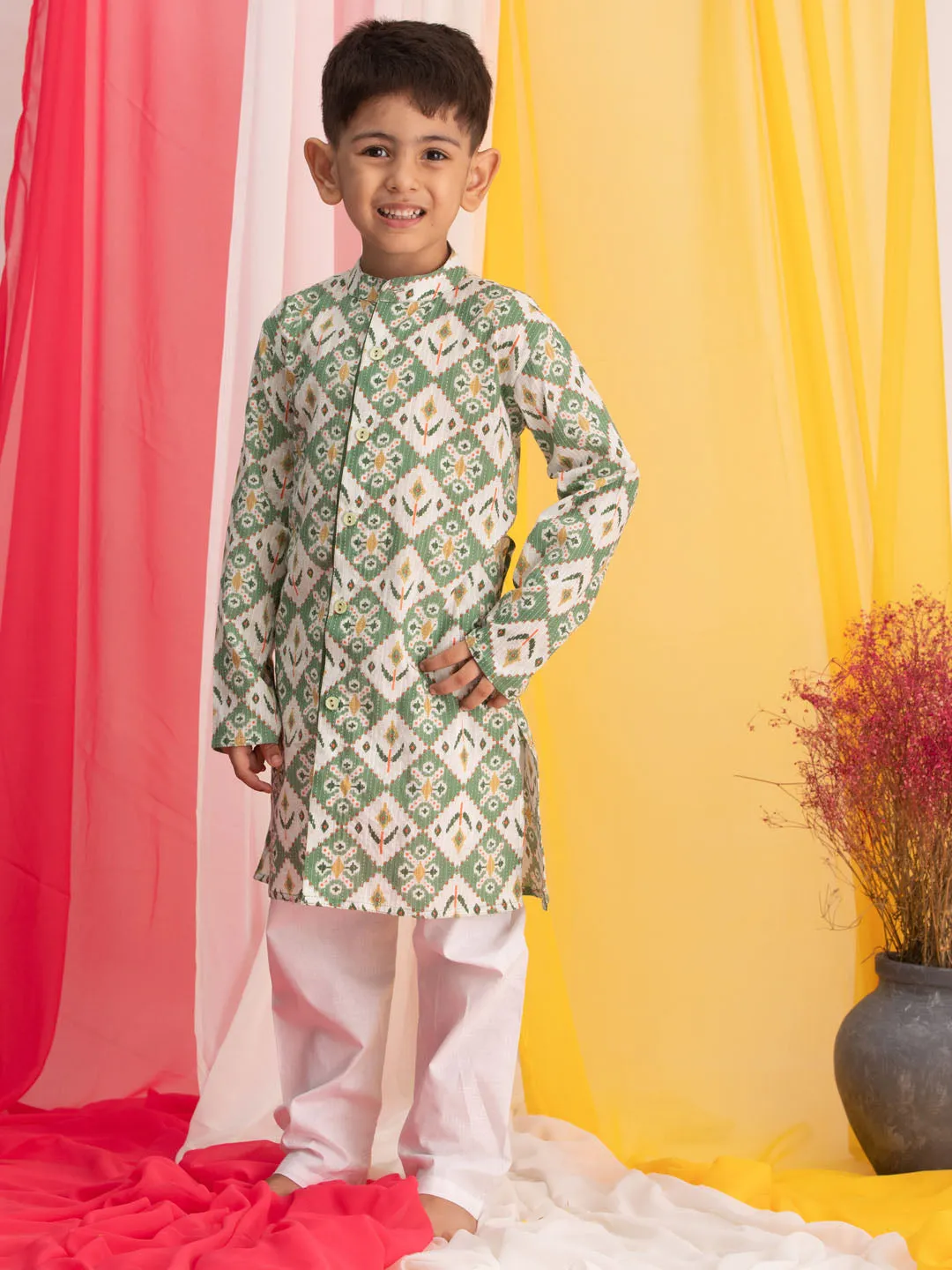 Jashvi Boy's Green Ikkat Print Front Open Kurta with Pyjama Set