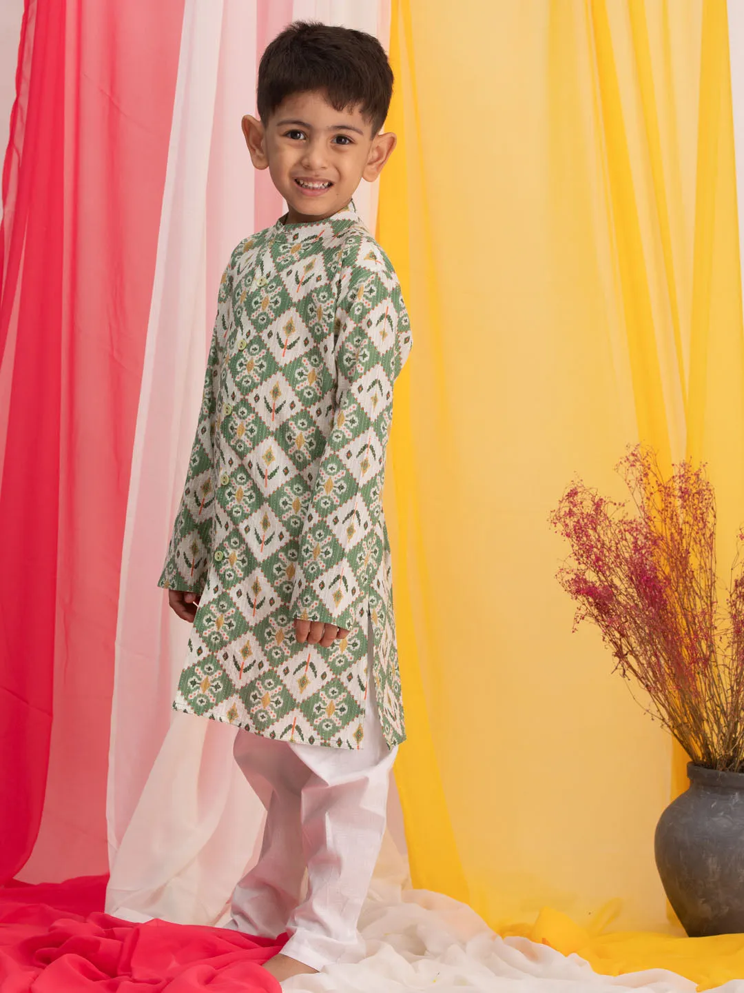 Jashvi Boy's Green Ikkat Print Front Open Kurta with Pyjama Set