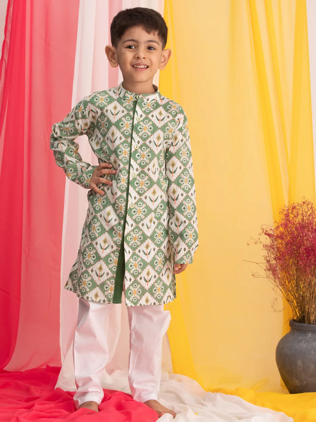 Jashvi Boy's Green Ikkat Print Front Open Kurta with Pyjama Set