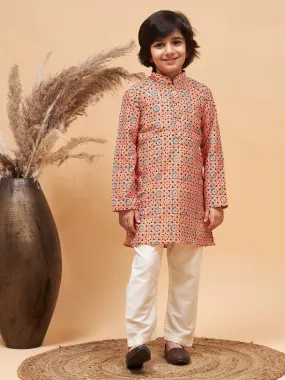 Jashvi Boy's Orange Printed Kurta And Cream Pyjama Set