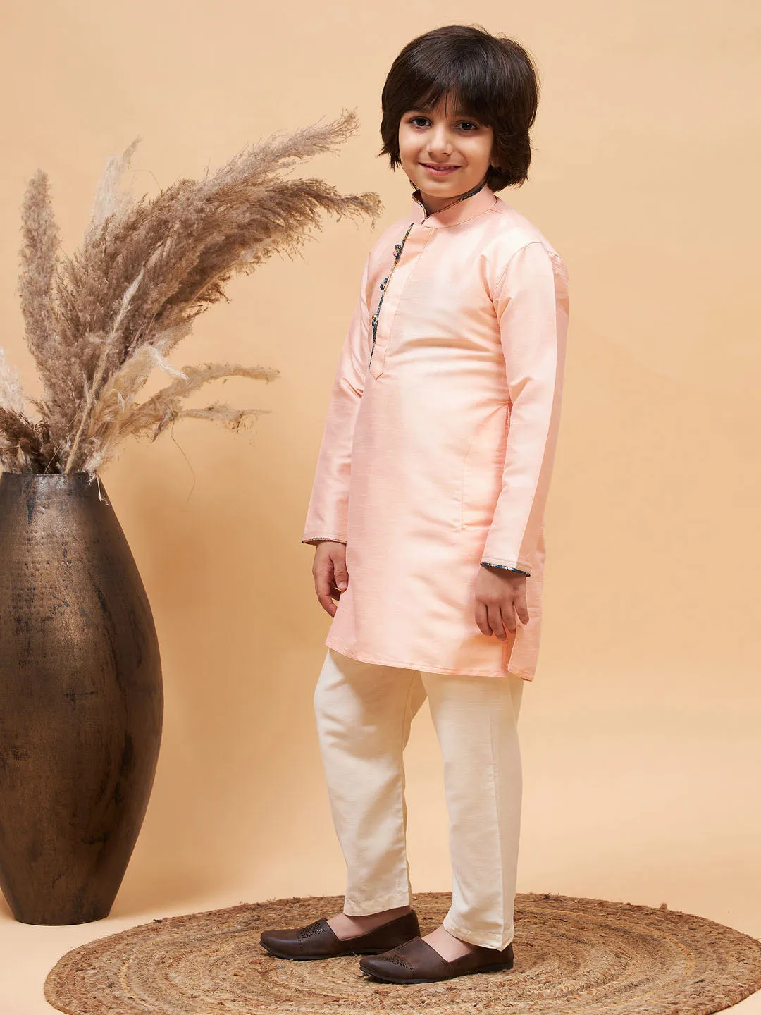 Jashvi Boy's Peach Silk Kurta Pyjama Set