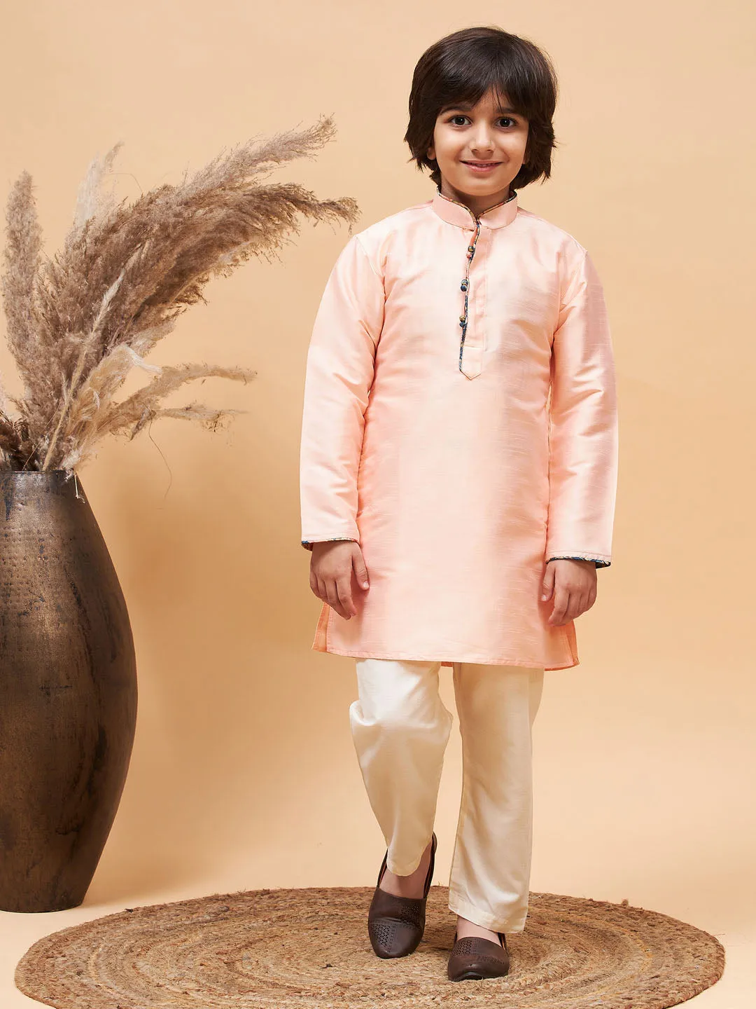 Jashvi Boy's Peach Silk Kurta Pyjama Set