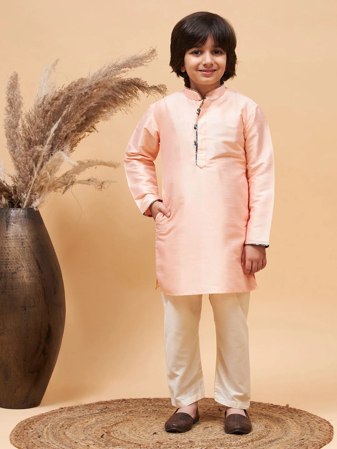 Jashvi Boy's Peach Silk Kurta Pyjama Set