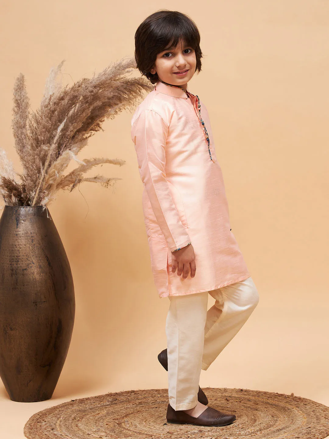 Jashvi Boy's Peach Silk Kurta Pyjama Set