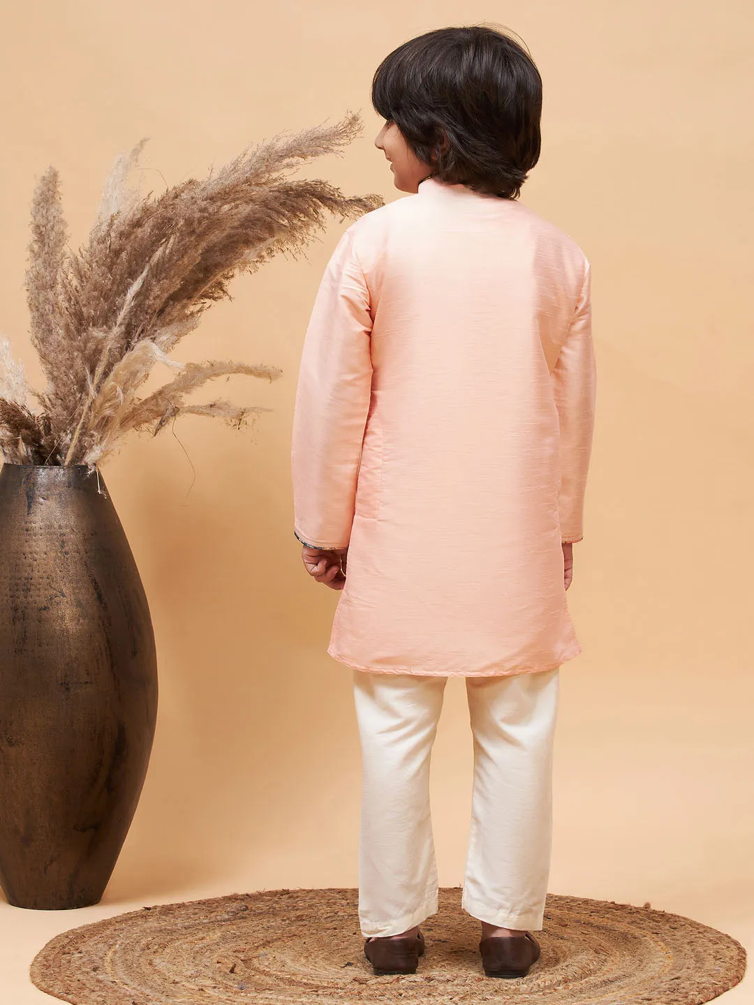 Jashvi Boy's Peach Silk Kurta Pyjama Set