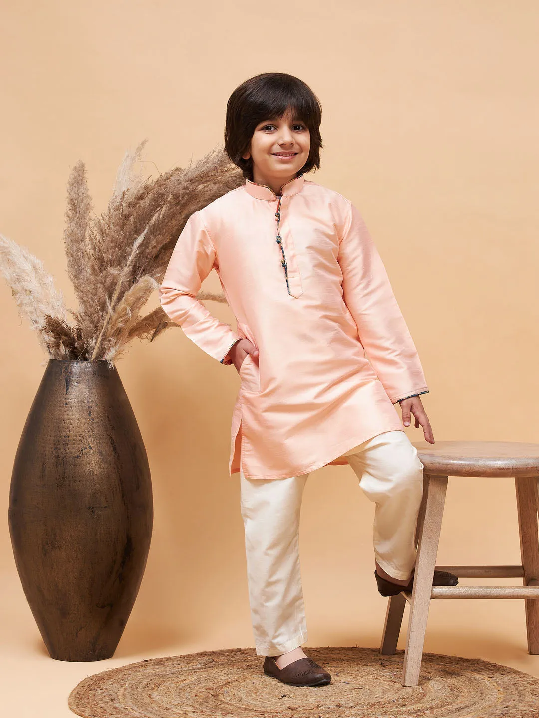 Jashvi Boy's Peach Silk Kurta Pyjama Set