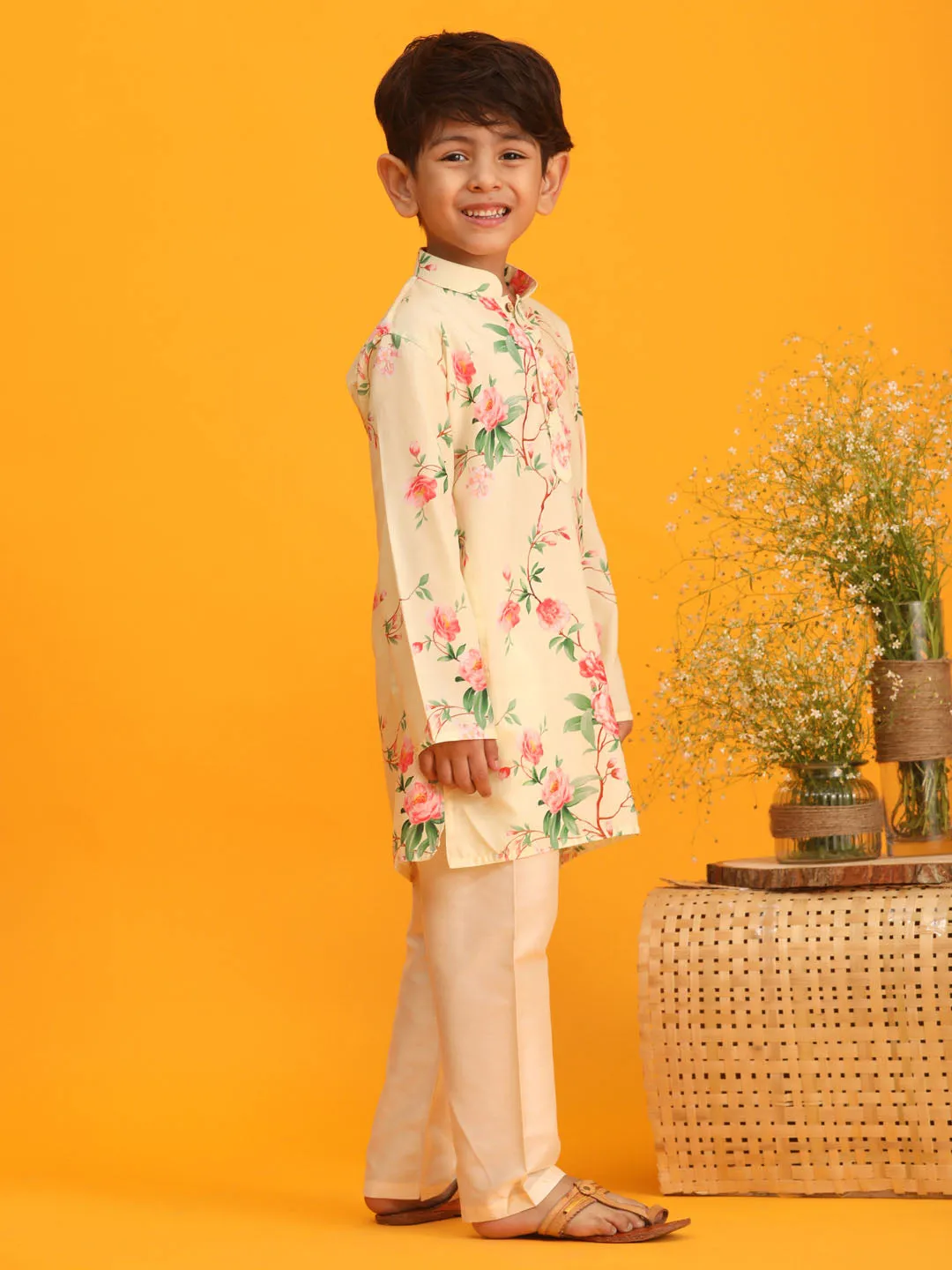 Jashvi Boy's Yellow Floral Printed Kurta with Cream Solid Pyjama Set