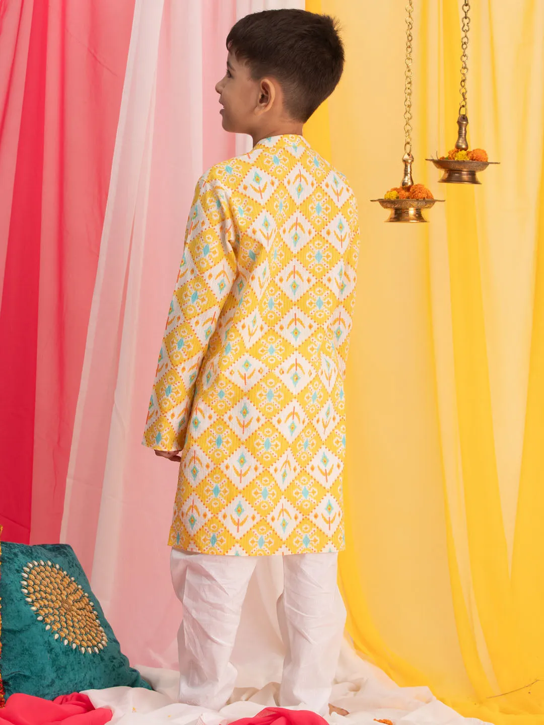 Jashvi Boy's Yellow Ikkat Print Front Open Kurta with Pyjama Set