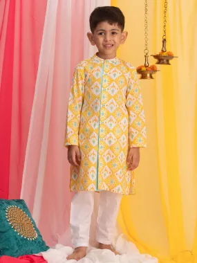 Jashvi Boy's Yellow Ikkat Print Front Open Kurta with Pyjama Set