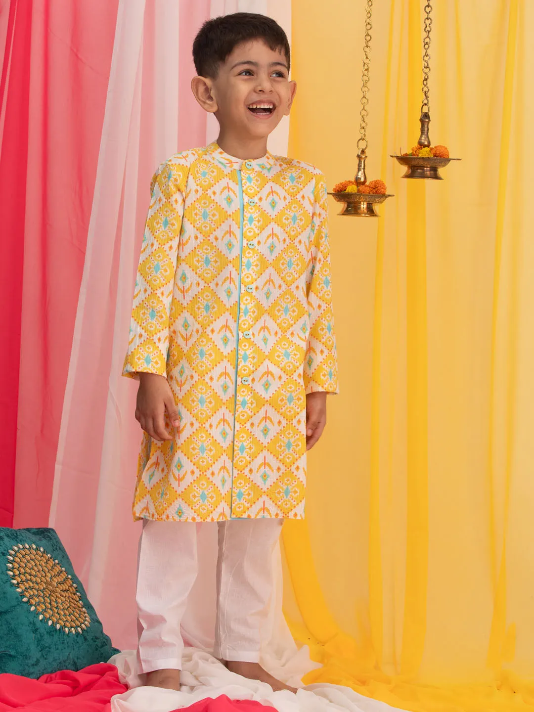 Jashvi Boy's Yellow Ikkat Print Front Open Kurta with Pyjama Set