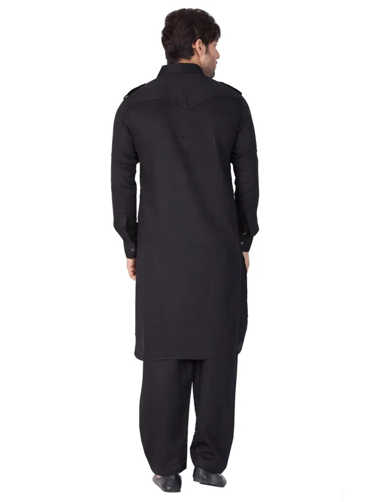 Jashvi Cotton Blend Black Baap Beta Pathani Kurta & Pyjama set