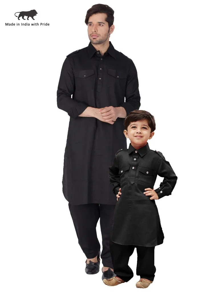 Jashvi Cotton Blend Black Baap Beta Pathani Kurta & Pyjama set