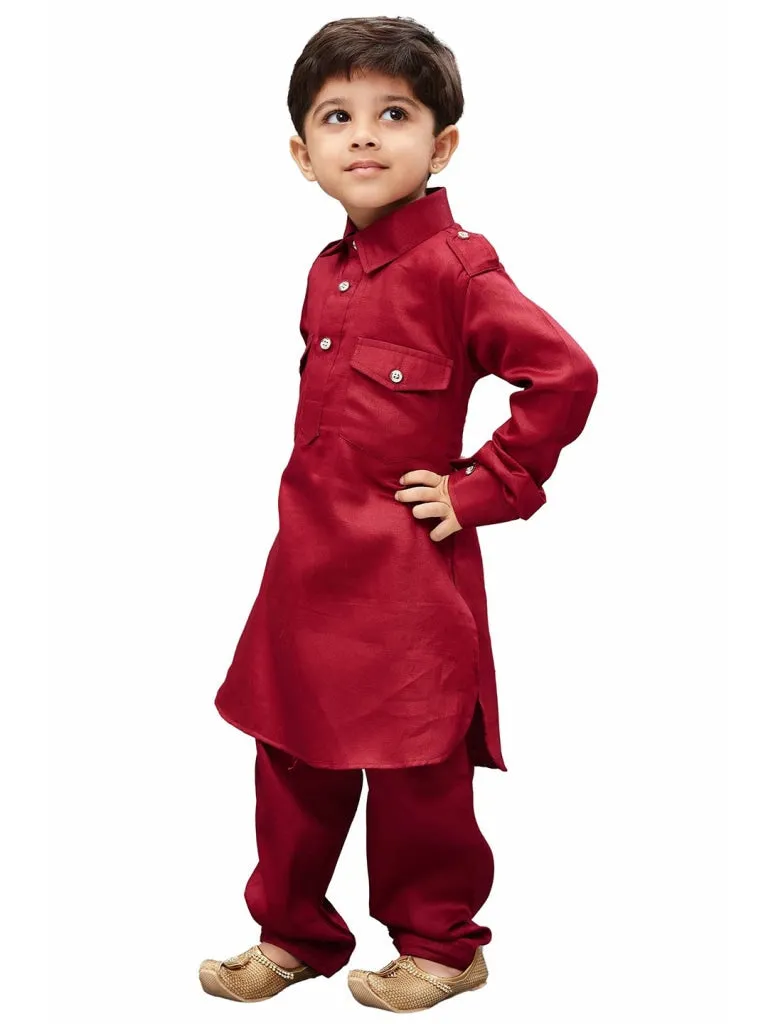 Jashvi Cotton Blend Maroon Baap Beta Pathani Kurta & Pyjama Set