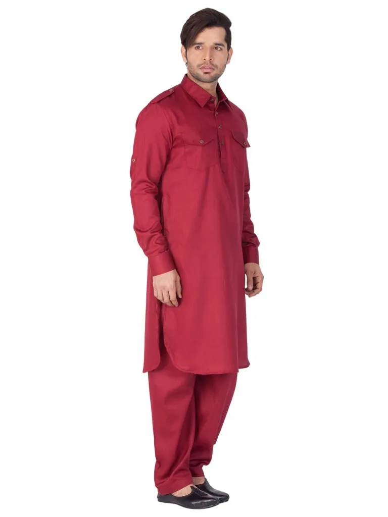 Jashvi Cotton Blend Maroon Baap Beta Pathani Kurta & Pyjama Set