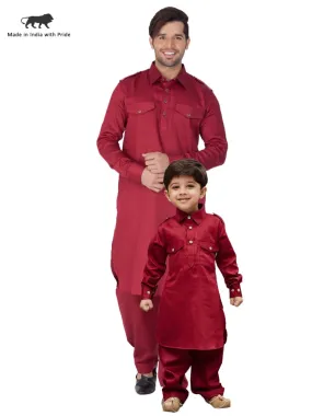 Jashvi Cotton Blend Maroon Baap Beta Pathani Kurta & Pyjama Set