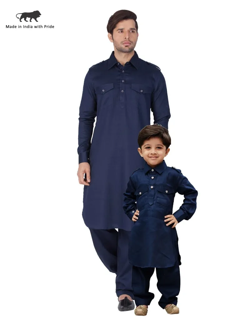 Jashvi Cotton Blend Navy Blue Baap Beta Pathani Kurta & Pyjama Set