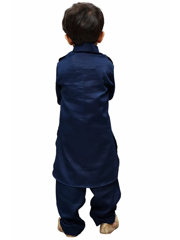 Jashvi Cotton Blend Navy Blue Baap Beta Pathani Kurta & Pyjama Set