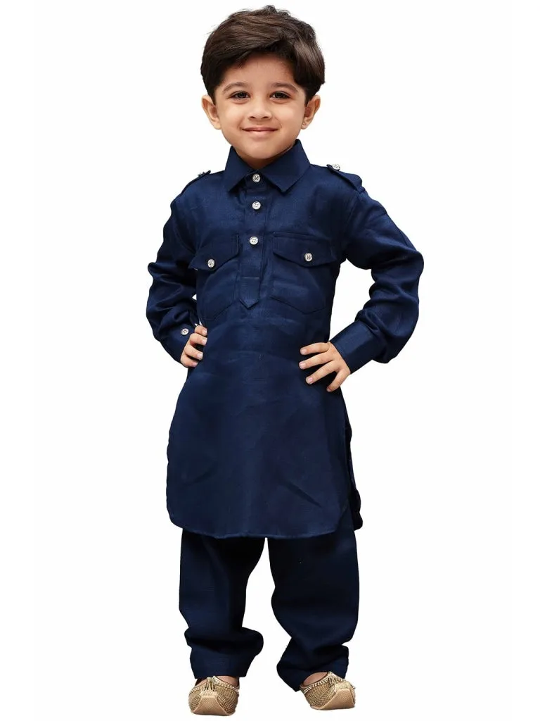 Jashvi Cotton Blend Navy Blue Baap Beta Pathani Kurta & Pyjama Set