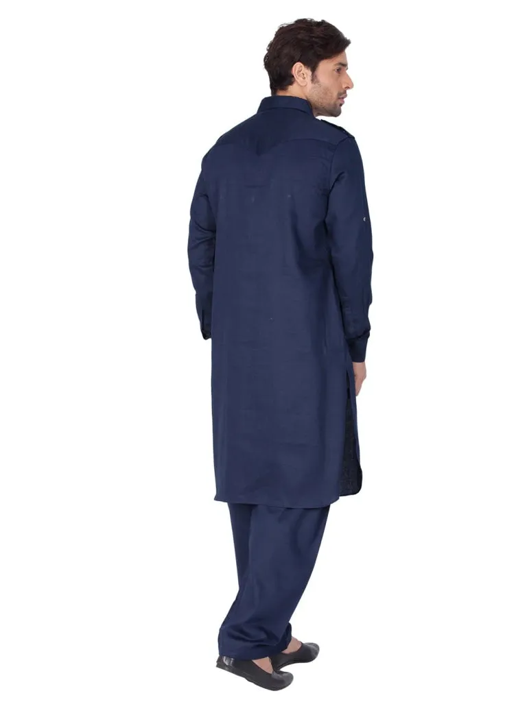 Jashvi Cotton Blend Navy Blue Baap Beta Pathani Kurta & Pyjama Set