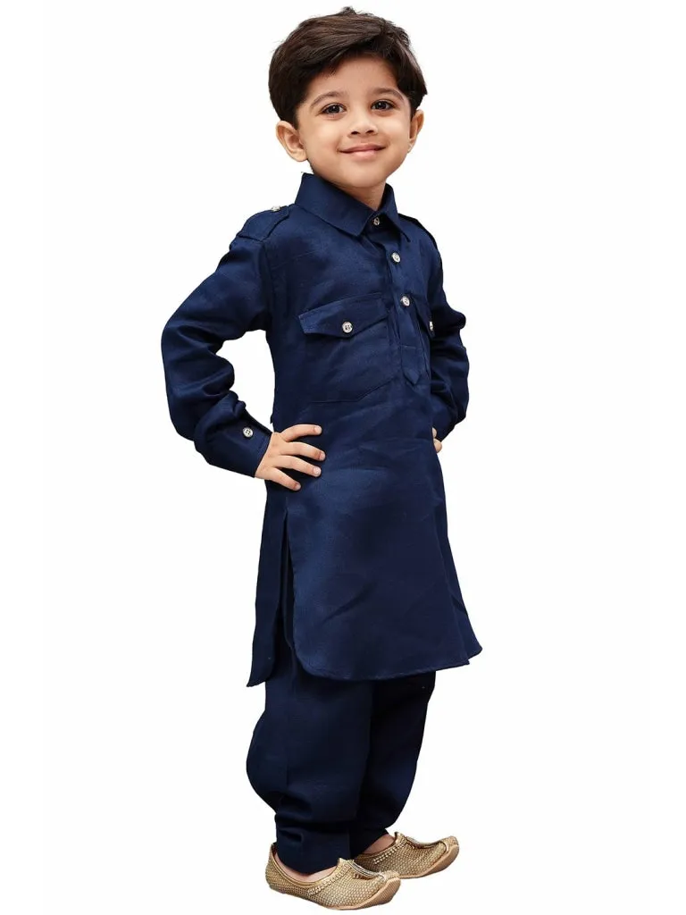 Jashvi Cotton Blend Navy Blue Baap Beta Pathani Kurta & Pyjama Set