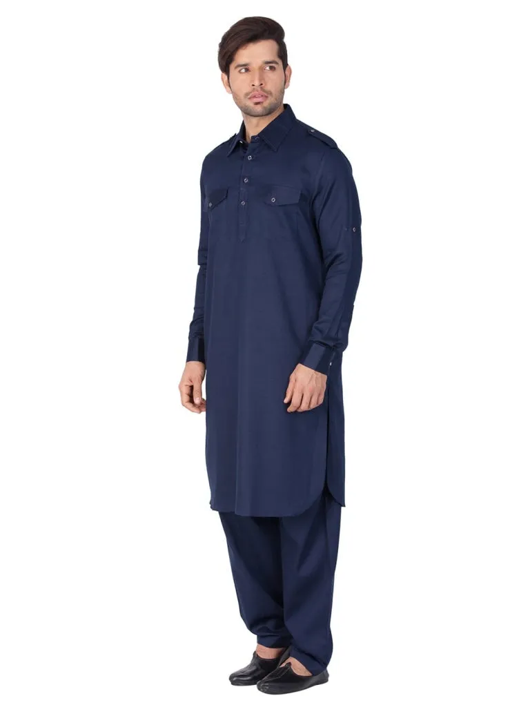 Jashvi Cotton Blend Navy Blue Baap Beta Pathani Kurta & Pyjama Set