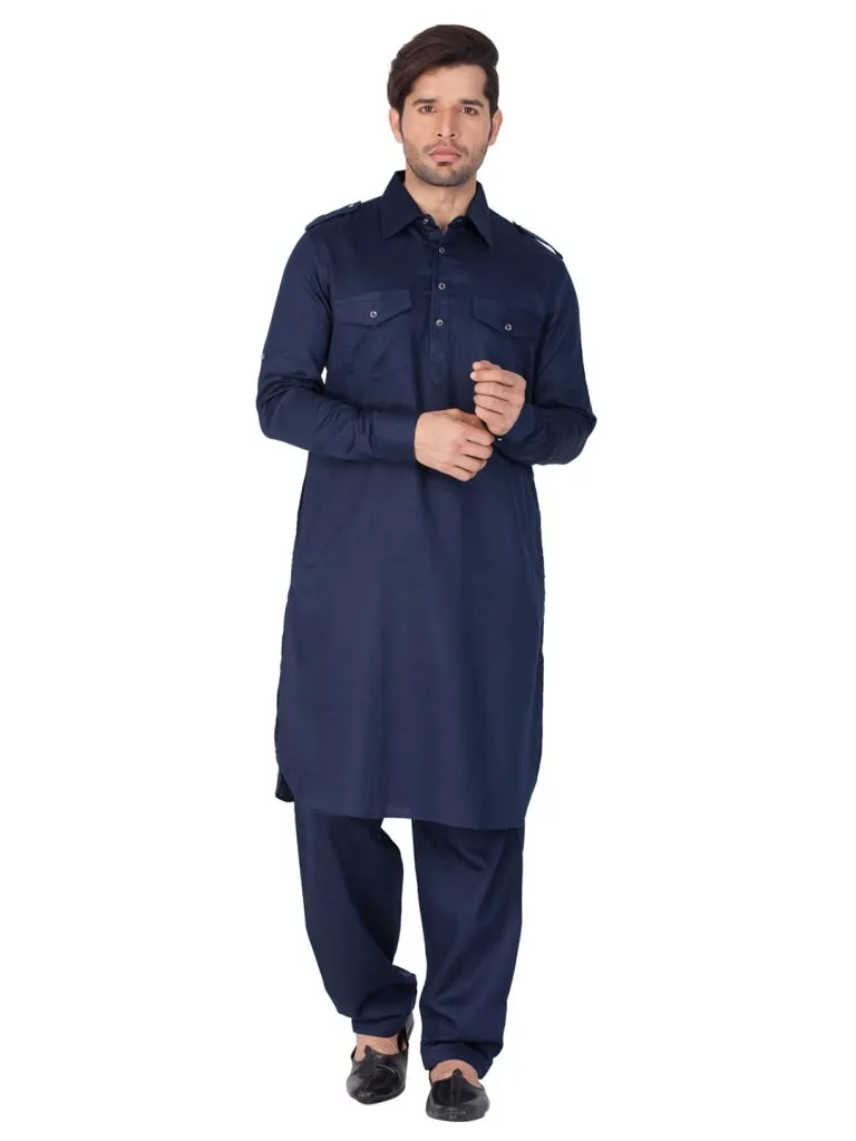 Jashvi Cotton Blend Navy Blue Baap Beta Pathani Kurta & Pyjama Set