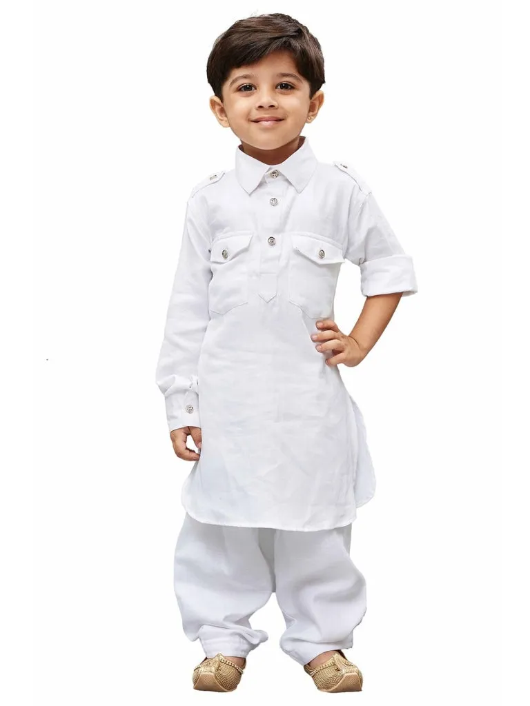 Jashvi Cotton Blend White Baap Beta Pathani Kurta & Pyjama Set