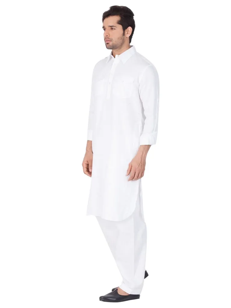 Jashvi Cotton Blend White Baap Beta Pathani Kurta & Pyjama Set