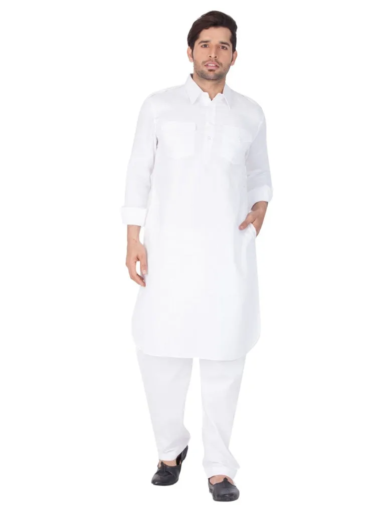 Jashvi Cotton Blend White Baap Beta Pathani Kurta & Pyjama Set