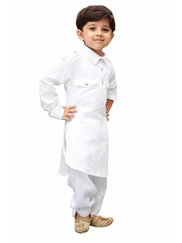 Jashvi Cotton Blend White Baap Beta Pathani Kurta & Pyjama Set