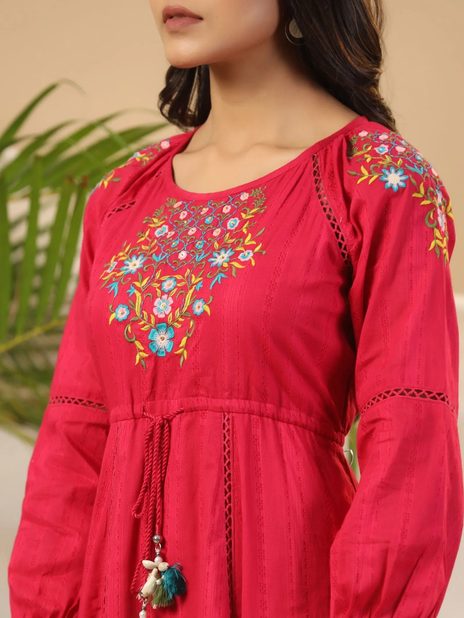 Jashvi Fuchsia Floral Embroidered Cotton Dobby Tiered Maxi Dress With Kaudis & Colourful Tassels