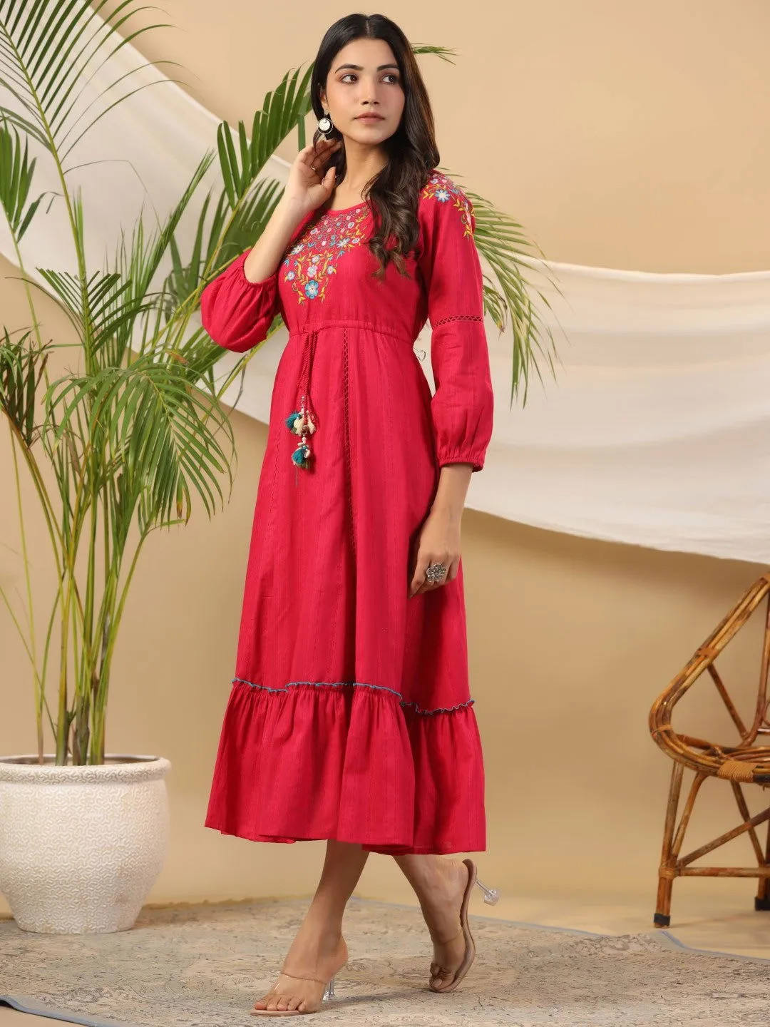 Jashvi Fuchsia Floral Embroidered Cotton Dobby Tiered Maxi Dress With Kaudis & Colourful Tassels