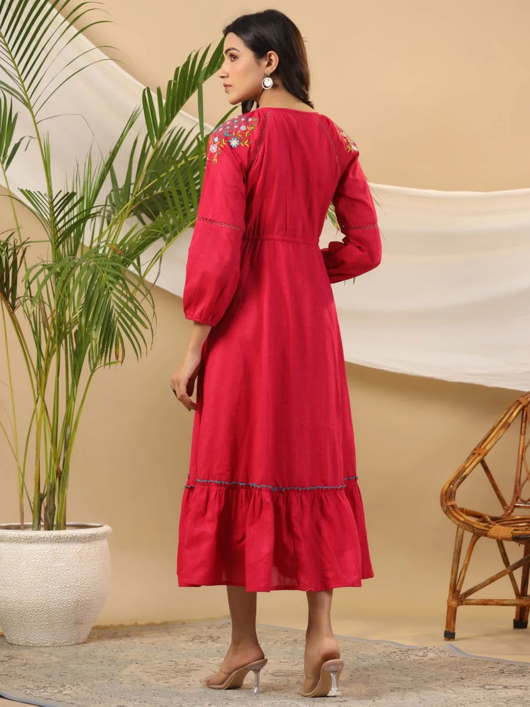 Jashvi Fuchsia Floral Embroidered Cotton Dobby Tiered Maxi Dress With Kaudis & Colourful Tassels