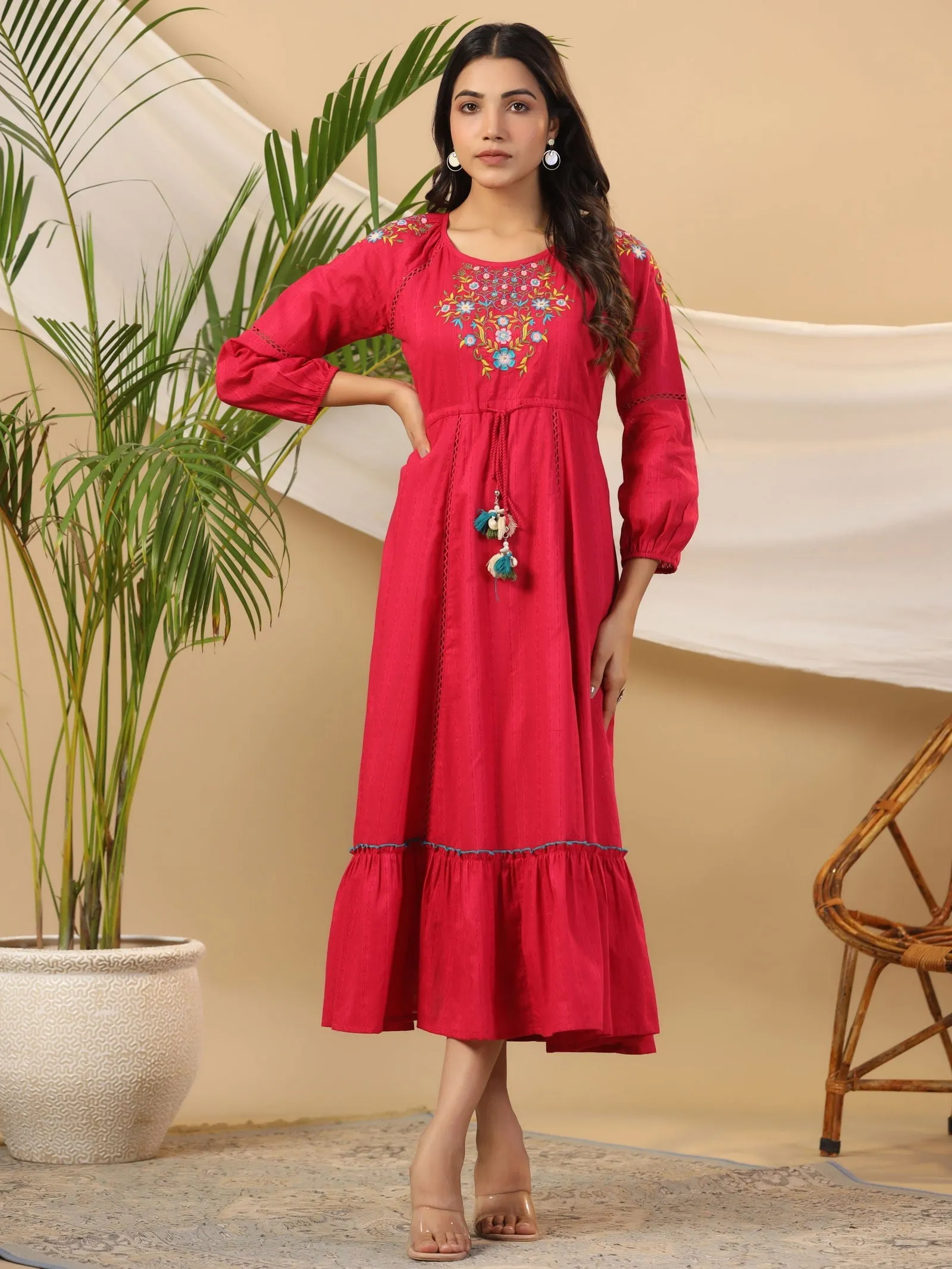 Jashvi Fuchsia Floral Embroidered Cotton Dobby Tiered Maxi Dress With Kaudis & Colourful Tassels