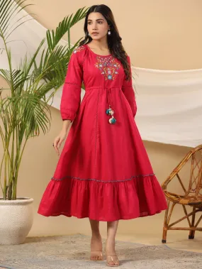 Jashvi Fuchsia Floral Embroidered Cotton Dobby Tiered Maxi Dress With Kaudis & Colourful Tassels