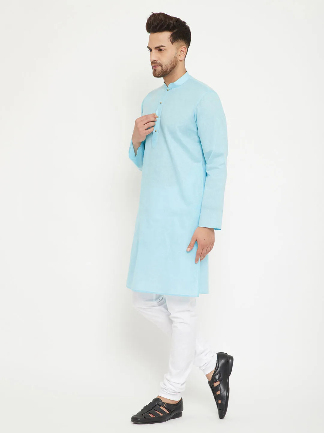 Jashvi Men's Aqua And White Cotton Blend Kurta Pyjama Set