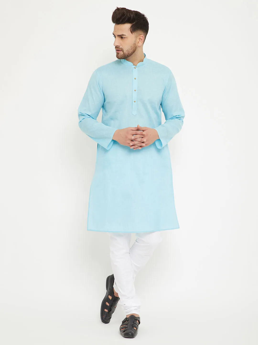 Jashvi Men's Aqua And White Cotton Blend Kurta Pyjama Set