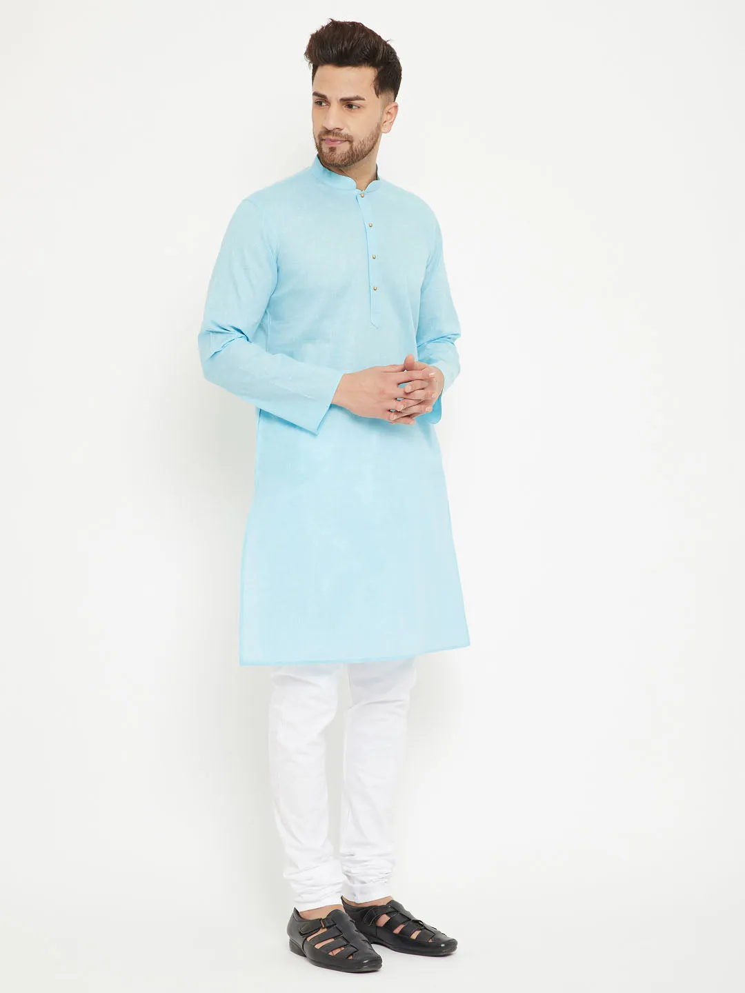 Jashvi Men's Aqua And White Cotton Blend Kurta Pyjama Set