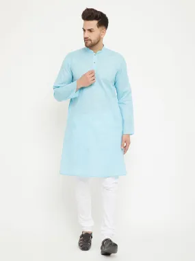 Jashvi Men's Aqua And White Cotton Blend Kurta Pyjama Set