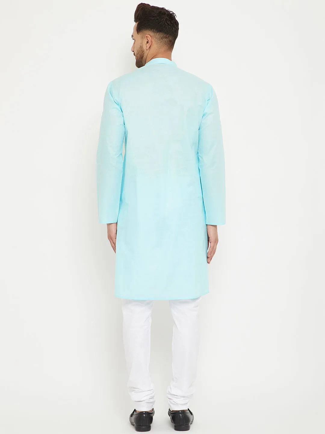 Jashvi Men's Aqua And White Cotton Kurta Churidar Set