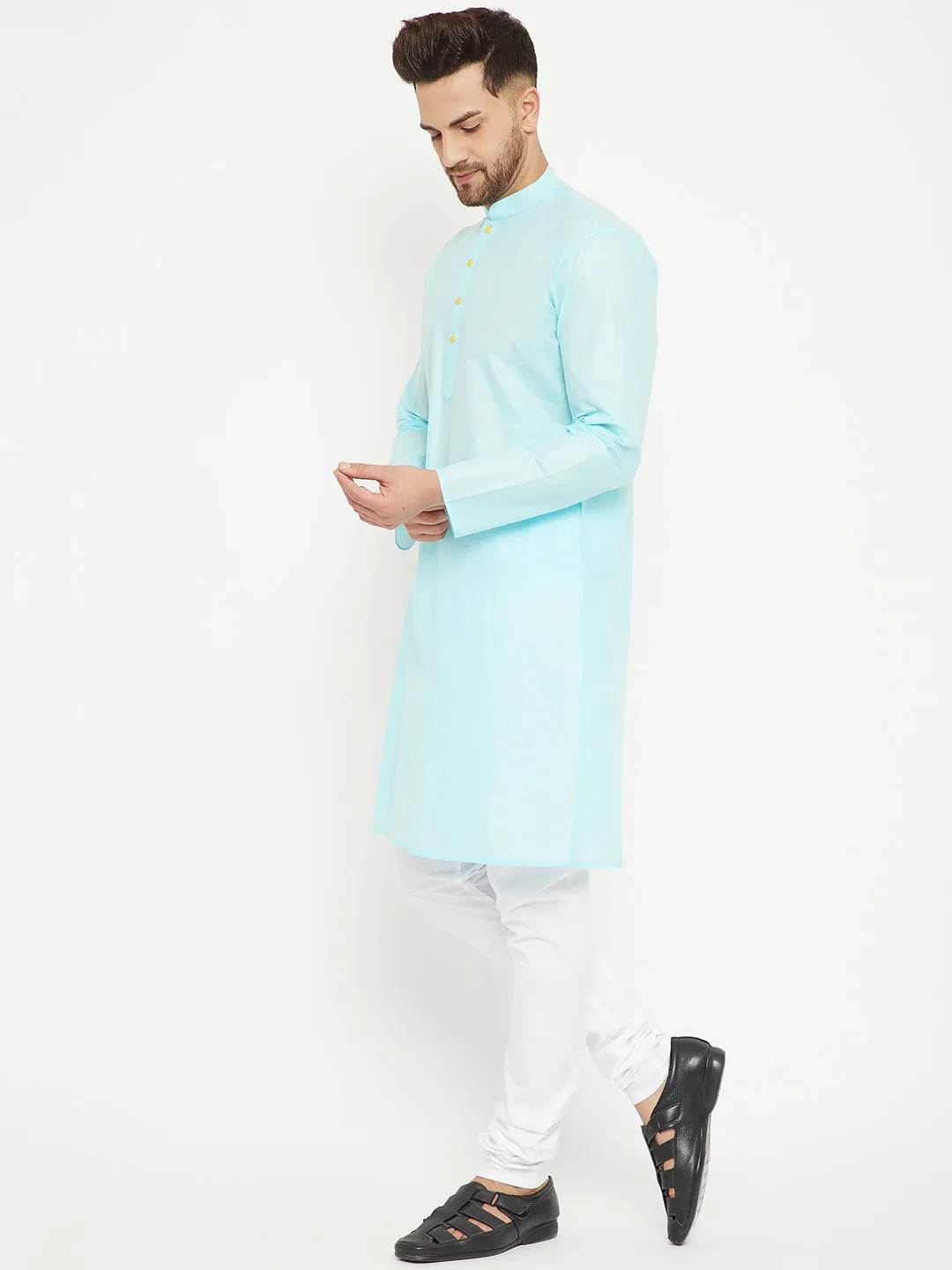 Jashvi Men's Aqua And White Cotton Kurta Churidar Set