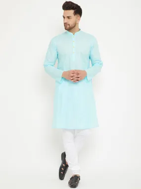 Jashvi Men's Aqua And White Cotton Kurta Churidar Set