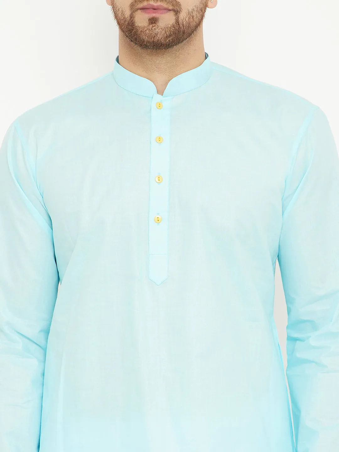 Jashvi Men's Aqua And White Cotton Kurta Churidar Set