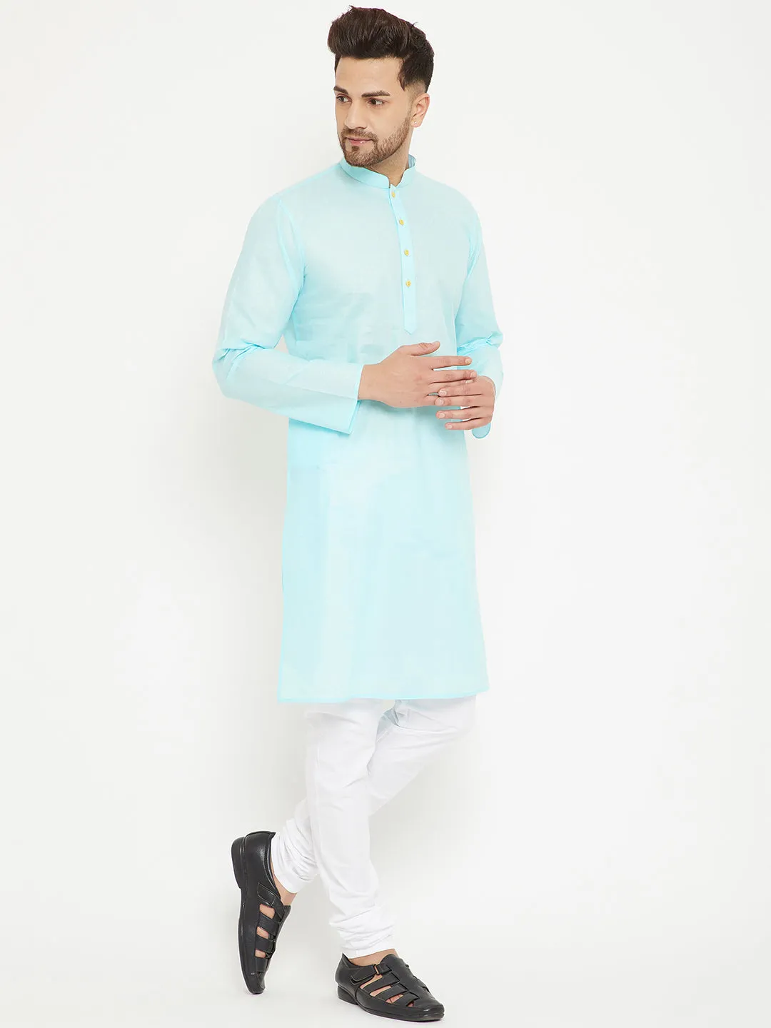 Jashvi Men's Aqua And White Cotton Kurta Churidar Set