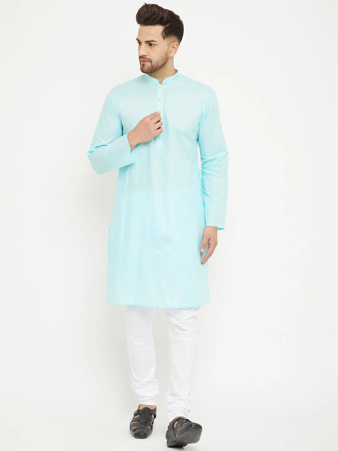 Jashvi Men's Aqua And White Cotton Kurta Churidar Set