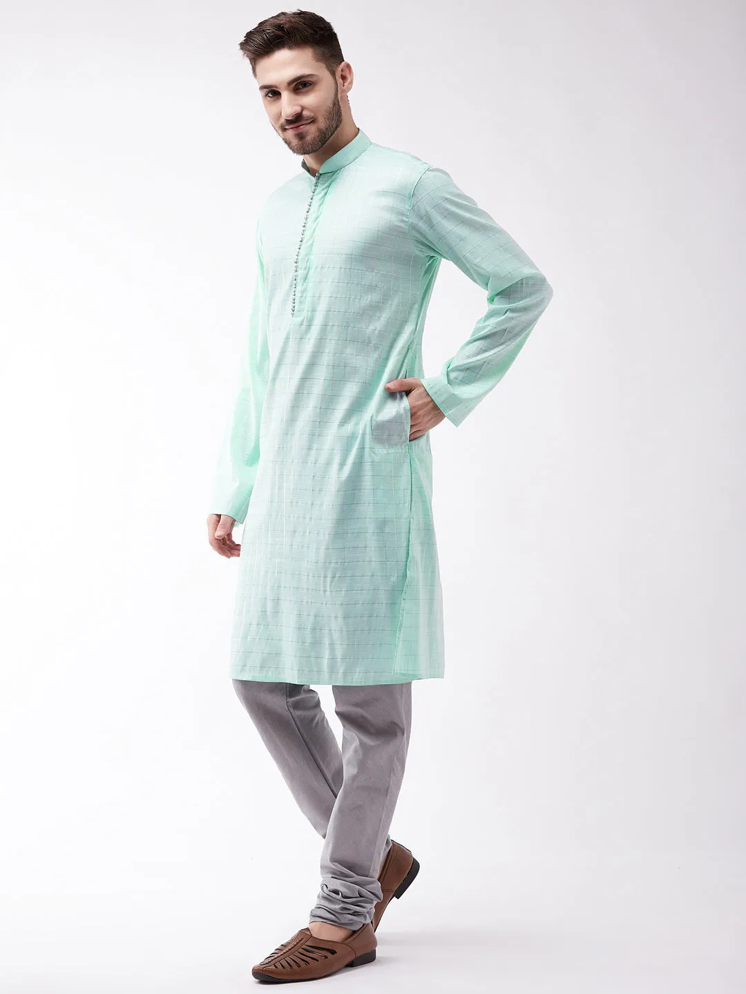 Jashvi Men's Aqua Blue And Grey Cotton Blend Kurta Pyjama Set