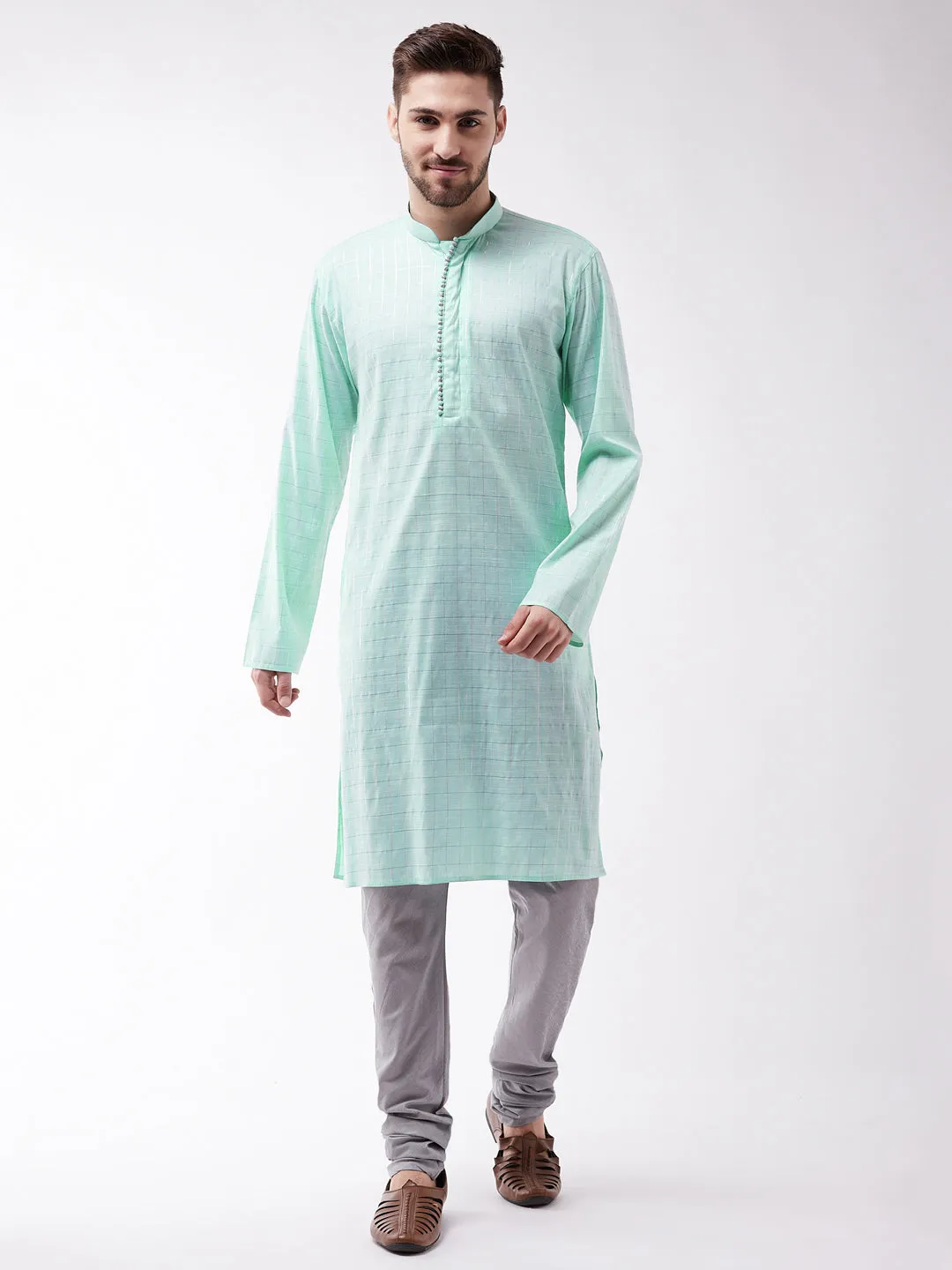 Jashvi Men's Aqua Blue And Grey Cotton Blend Kurta Pyjama Set